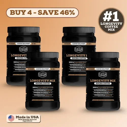 4 Bottles of Longevity Mix Mocha Coffee with NMN, Glutathione, Magnesium Glycinate, TMG, Vitamin D3, C, K2, B12, Cocoa Powder, Instant Coffee | 120 Servings - Gluten - Free Sugar - Free Non GMO, Beverage, Energy Boost Powdered Supplement Drink Mix