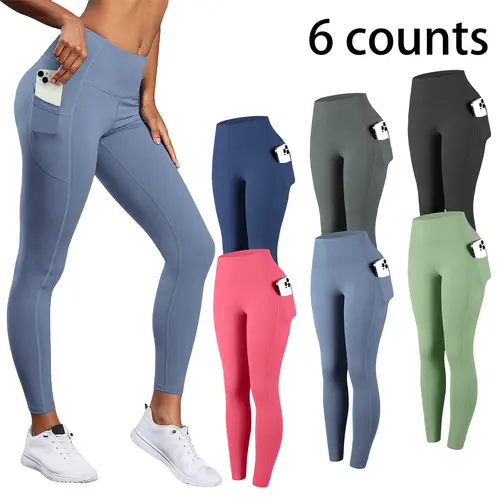 Women's 6-Pack High-Waisted Sports Leggings with Pockets - Slim-Fitting Tummy Control Training Leggings, Soft Breathable Quick-Dry Stretchable Activewear for Yoga, Workout
