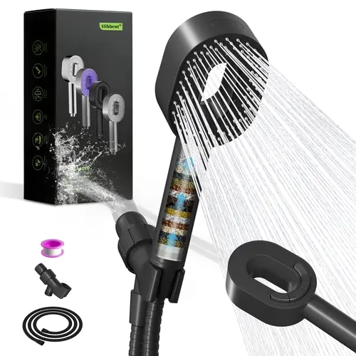 Hibbent Plastic Filtered Handheld Shower Head - Shower Head Filter with 20-Stage Softener Beads, High Pressure, 5 Spray Settings, Universal G1/2" Thread Fits Most Arms, 59-Inch Hose, Chlorine Removal, Purified Water, pH Balance, Ideal for Sensitive Skin