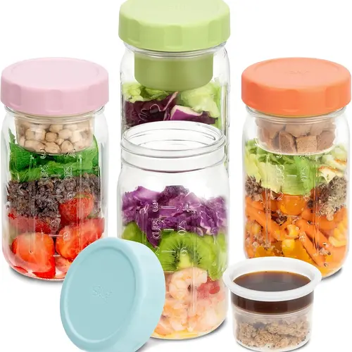 SOLIGT Minimalist 4-Pack 32oz Glass Divided Containers with Lids - Leakproof Kitchen Household Produce Saver Jars, 3-Layer Salad Keeper, 3-Compartment Wet/Dry Cups, Shake-Safe Seal for Meal Prep Lunch, Food Containers With Lids Glass