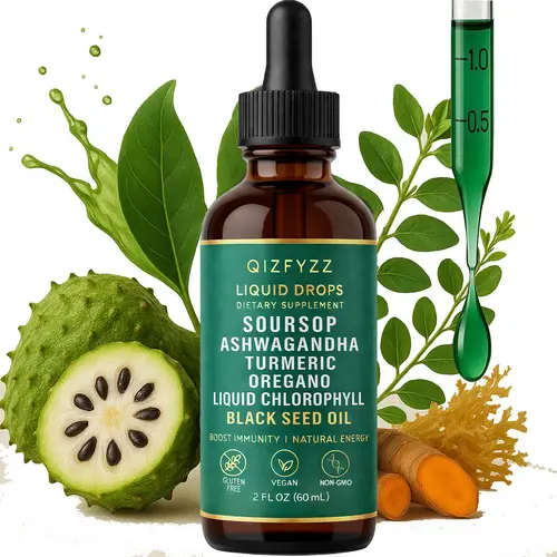 Qizfyzz 10-in-1 Naturally Derived Antioxidant Supplement Multi-Herb Drops - 2 fl oz Vegan, GMO-Free, Nicotine-Free Dietary Drops Supporting Wellness Routine with Nori, Moringa, Turmeric, Ashwagandha + Oregano, Black Seed Oil, Ocean-Sourced Vitamins