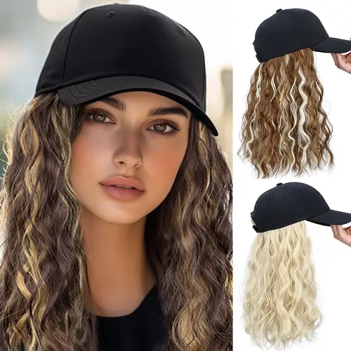 Women-Only 17.7 Inch Bob Cut Synthetic Hair Extensions, Short Wave Curly Hair Hat with Baseball Cap Included (Sports & Outdoor Accessory), Curly Wave