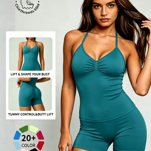 Women's All-Season Sporty Yoga Set, Halter Top and High-Waisted Shorts, Slimming Festival Wear, Perfect for Gym and Parties, Gym Yoga Outfit, Athletic Yoga Set, Yoga Sportswear Set