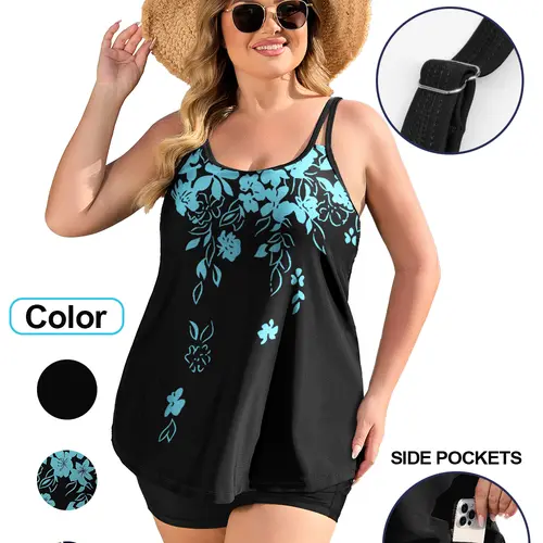 COOTRY【PlusSize】 2 Piece Swimsuit for Women Tankini Bathing Suits Flowy Swim Tops with Boy Shorts Swimsuits for curvy women1XL-5XL