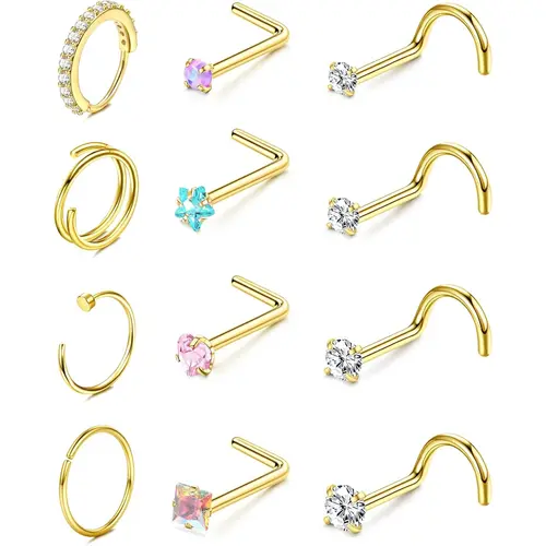 YADOCA Nose Rings for Women - 14K Gold Filled Hypoallergenic Surgical Steel Nose Ring Hoops 18G/20G/22G Small Cute CZ Screw L Shaped Nose Studs Piercings Jewelry for Women Men 12Pcs, Nose Piercing, Double Nose Piercing