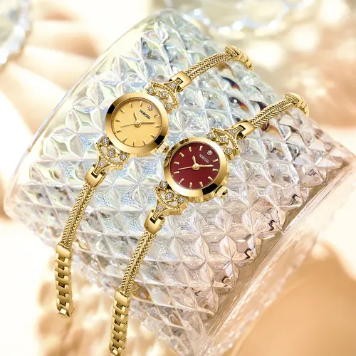 NIBOSI Women's French Vintage Elegant Round Dial Quartz Watch - Analog Movement, 18g, 30M-50M Waterproof, Chain Band, Casual Trendy Wristwatch, Luxury Gold Wrist Watches, Accurate Timing for Busy Routines, with Flower Bracelet Gift Box