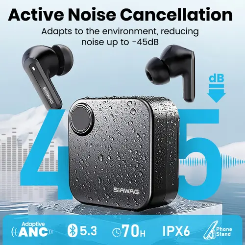 VOPRENE Bluetooth 5.3 Wireless In-Ear Headset, Silicone 2-in-1 Charging Case Phone Stand, 35dB Hybrid Active Noise Cancelling, Powerful Bass, 70H Playtime, Waterproof Headphones, 20kHz Audio, Portable, Stable Connection for Gym, Work From Home, Streaming