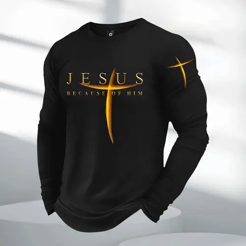 Men's 2026 fashion long-sleeved T-shirt, American street novel cross Jesus letter printing style, suitable for all seasons, sports T-shirt suitable for outdoor sports and sports wear, giving boyfriend's preferred temperament long T