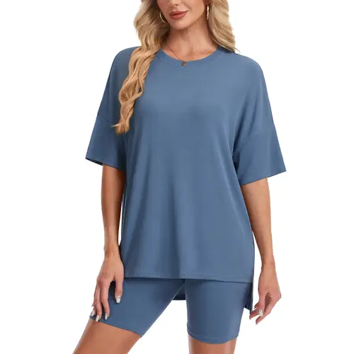 YUCOLEN Women's Casual 2-Piece Basic Set, Soft Loose Crew Neck Lightweight Oversized Short-Sleeve Shirt & Baggy Fabric Shorts, Lounge Outfit