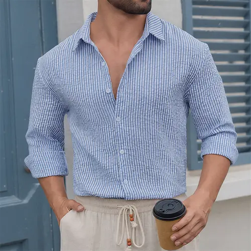 Zaitun Men's Casual Fashion Striped Textured Versatile Minimalist Elegant Style Loose Thin Shirt,back to school,back to school shopping,clothes for back to school,first day of school outfits