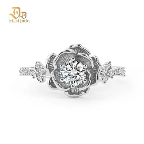 Delzzad 14K Gold-Plated 0.6ct Vintage Rose Engagement Ring Forever Rose Flower Wedding Ring Band D Color VVS Synthetic Moissanite Ring Jewelry Copper Perfect Birthday Engagement Wedding Anniversary Christmas Gift