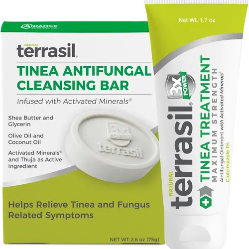 terrasil Tinea Versicolor Treatment Cream + Tinea Soap 2-Product Kit Made in The USA, Clinically Proven 1% Clotrimazole. Antifungal Treats Most Ringworm & Fungal Infections. (.5oz Tube + 75g soap)