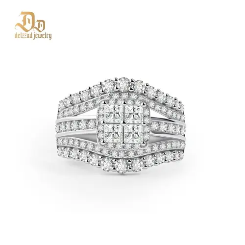Delzzad 14K Gold-Plated 3.2ct Quad Princess Halo Ring Grand Symphony Bridal Wedding Engagement Ring Band Princess Cut VVS Synthetic Moissanite Ring Jewelry Perfect Birthday Engagement Wedding Anniversary Christmas Valentine's Day Gift