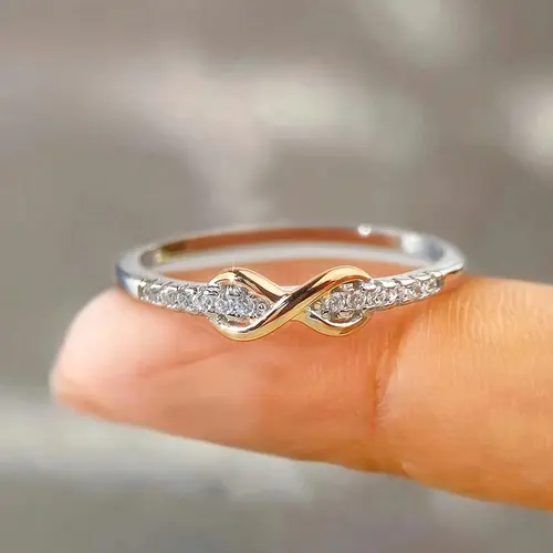 Elegant Bohemian Infinity Ring for Women - 8-segment color separation design, synthetic cubic zirconia, white gold plated with copper. A suitable jewelry gift for everyday wear, expressing individuality, bohemian enthusiasts, and fashionable women.