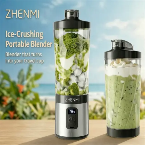 ZHENMI Cordless Battery Powered Portable Blender with Built-In Battery, Digital Timer + Display, 20oz Leakproof Travel Cup, USB-C Rechargeable, Ice-Crushing, Dishwasher Safe, BPA-Free for Smoothies, Shakes, On-the-Go Use, Battery Powered Blenders