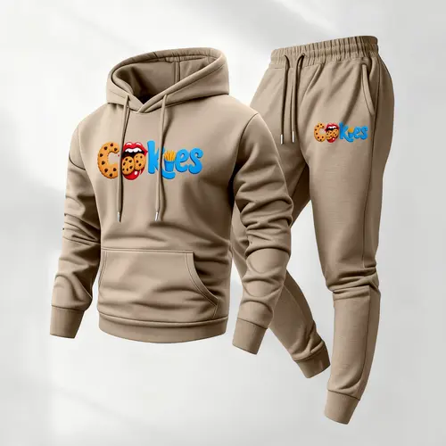 Mens Retro Print Hoodie & Sweatpants Set – Classic Western Style, Cozy Men’s Tracksuit for Beer Fans, Casual Everyday Wear, Fall Winter Essential, Indoor Outdoor Outfit, Tiktok Freeship Us