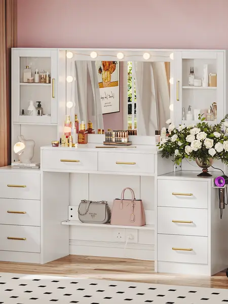 58.3”Vanity Desk with Mirror and Replaceable Lights & Charging Station,Bedroom Dressing Table,Large Vanity Set,8 Drawers and 2 Cabinets,Makeup Vanity Table with Charging Station,White/Black/Pink,Without Stool