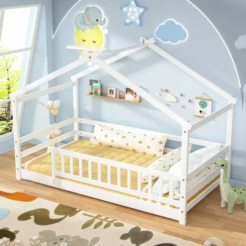 Twin Size House Bed Montessori Floor Bed Frame with Safety Guardrails & Playhouse Roof Easy Assembly Toddler Bed for Boys and Girls,dorm essentials,home decor