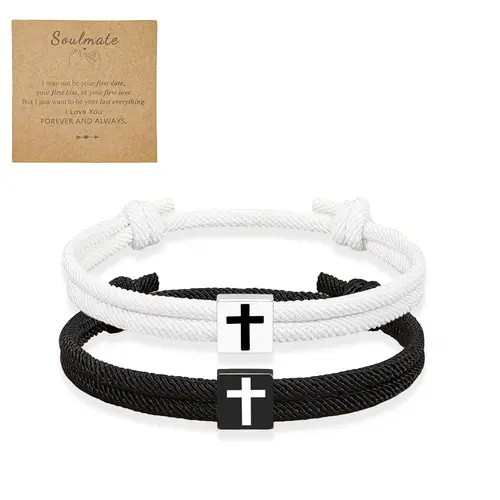2pcs Cross Braided Rope Couple Bracelet Set, Stainless Steel Fashion Cross Bangle, Adjustable Religious Jewelry Gift for Men & Women, Christmas Valentines Baptism Gifts for Boyfriend