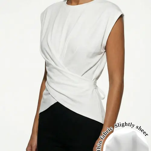 Women's Knit Round Neck Drop Shoulder T-Shirt, Fashion Casual Irregular Pleated Cross Hollow Out Back Tie Top, Sleeveless All Seasons