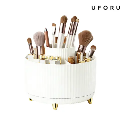 UFORU Simple Multi-Functional Desk Organizer - 360° Rotating Round Single Box with 5 Compartments, Stable Thick Body, Makeup Tool Organizer, Desk Accessories Holder for Office & Vanity Use