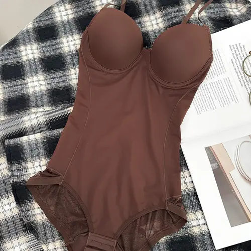 Women's Deep V Backless Body-Shaping Bodysuit with Adjustable Spaghetti Straps, Lace, Sizes XS–XXL, Plain Everyday Casual-Style Underwear Shapewear for All-Season Wear