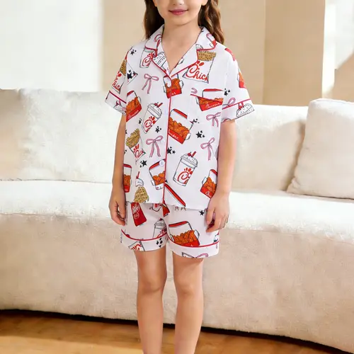 2-Piece Set Girls Graphic Pajama Set, Potato Chips & Fried Chicken Print, Soft Short Sleeve Pocket Top & Elastic Waist Shorts, Kids Homewear, Print Sleepwear Set