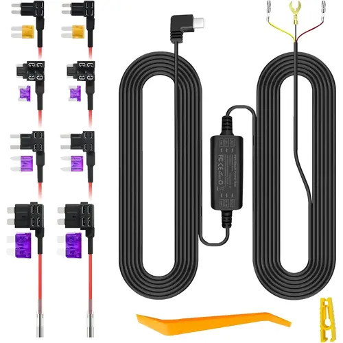 GYIOEUPT Hard-Wired Dashcam Installation Kit for Cars, Truck Accessories, 12V-24V Power Accessory with 24hr Parking Mode, Low-Voltage Guard, USB-C (5V 1A/3A), Hidden PVC Wiring, Ignition-Synchronized Power, DIY Install, 8 Fuse Taps, Pry Tool