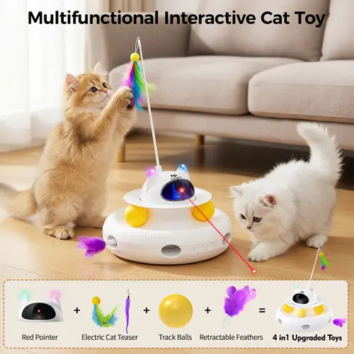5-in-1 Interactive Cat Toy | Light Pointer & Rotating Feather Teaser & Track & Hide-and-Seek | Automatic Kitten Toy for Bored Indoor Cats,back to school