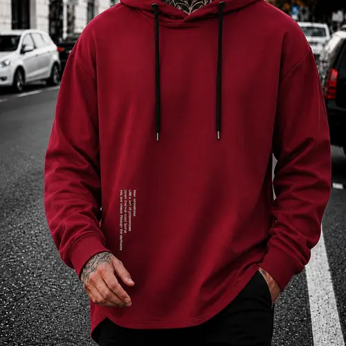 Men’s casual minimalist hooded knit sweatshirt with letter print design; comfortable, skin-friendly fabric that is breathable—suitable for outdoor leisure, home life, daily commuting, and trendy everyday outfits.