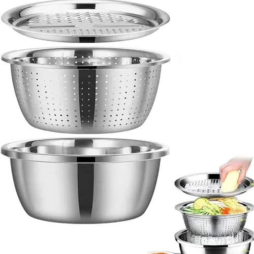 【Summervibes】3-In-1 Stainless Steel Multi-Functional Strainer Set, Includes Basin/sieve/cutter, Ideal for Washing Rice Fruits Vegetables Kitchen Essentials