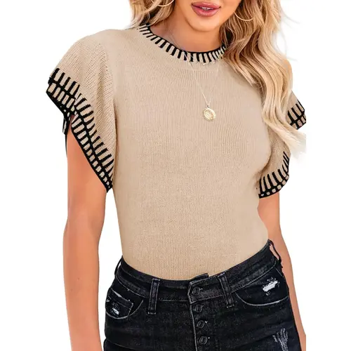 Saodimallsu Lady's Short-Sleeve Knitting Sweater - Summer Ruffle Striped, Loose Round Neck, Lightweight Soft Basic Casual Trendy Knit Top,summerwins summerwins,summeroutfits,vacationoutfits,beachoutfits,back to school,back to school shopping