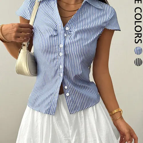 Women's Summer Blue Striped Button Down Shirt, Slim Fit Waist Tailored Design with Flare Sleeves, Stylish Collared Top for Casual Wear