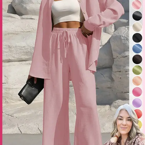 【Stephanie's Exclusive】 Women's Fashion Set, Loose-Fitting Casual Long-Sleeve Shirt and Wide-Leg Pants, Spring & Fall Outfit, Womenswear