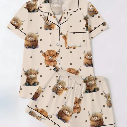 Highland Cow Print 2-Piece Pajama Set, Short Sleeve Button-Up Shirt and Shorts, Cute Casual Homewear for All Seasons, Nightwear