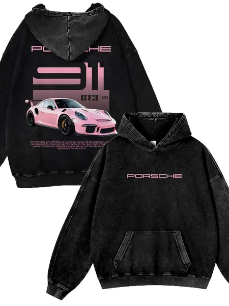 Berry Pink 380g Autumn VIntage GT3 RS Washed Hoodie 911 Graphic Sweatshirt