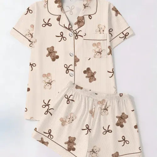 Striped Teddy Bear & Bow Print Pajama Set, Short Sleeve T-Shirt and Shorts Two-Piece, Casual Fitted Homewear Nightwear Loungewear for All Seasons