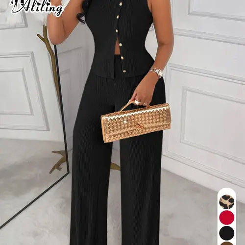 Women's Casual Minimalist Round Neck Studs Sleeveless Top and High Waist Wide-Leg Pants Two-Piece Set for Spring and Summer, Casual Streetwear Set, Plain Outfit, Outfits Set, Suits, Womenswear, Clothes