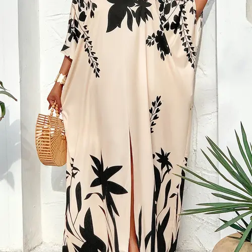 Women's Elegant Chic Boho Frenchy Style Long-Sleeve V-Neck Batwing Plant Print Casual Summer Dress, All-Season Plus-Size Commuter Wear Elegance