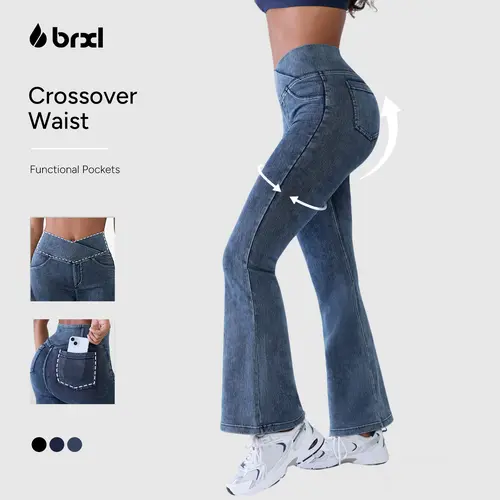 BRXL Women's Soft High-Waisted Fitted Stretchy Denim Sports Bottoms - Crossover Cut Flared Jeans with Pockets, Streetwear for Summer Beach Outdoor Fun, Jeans for Women with Stretchy Denim Moves Easy