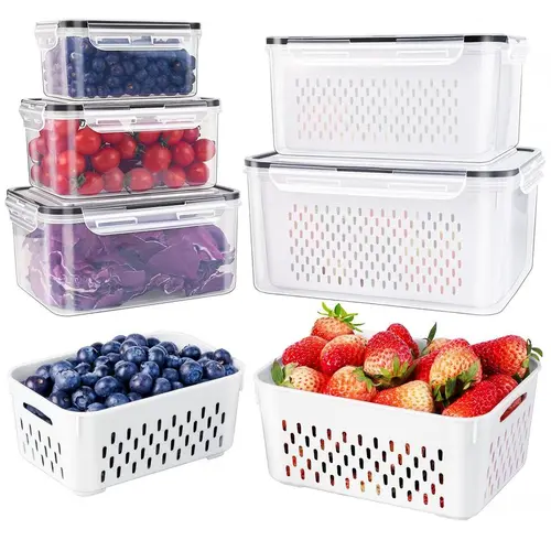 5-Pack Food Storage Organizer Set, Transparent Plastic Stackable Fridge Canister with Removable Colander & Lid, Airtight Fruit Organizer Food Storage Containers, Dishwasher-Safe Produce Saver for Refrigerator Freshness, Removable Lid