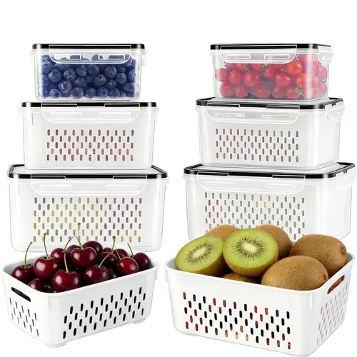 12pcs Airtight Food Container Set (6 Colanders, 6 Boxes) - Produce Storage Containers for Fridge Organization, Leak-Proof Microwave-Safe Kitchen Accessories with Utensils Food Solutions