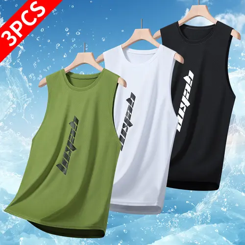 Men's Stylish Letter Print Polyester Training Vest - Quick-Dry Breathable Fitted Sleeveless Activewear, Running Singlet for Summer Gym & Bodybuilding, Mens Fashion Sportswear