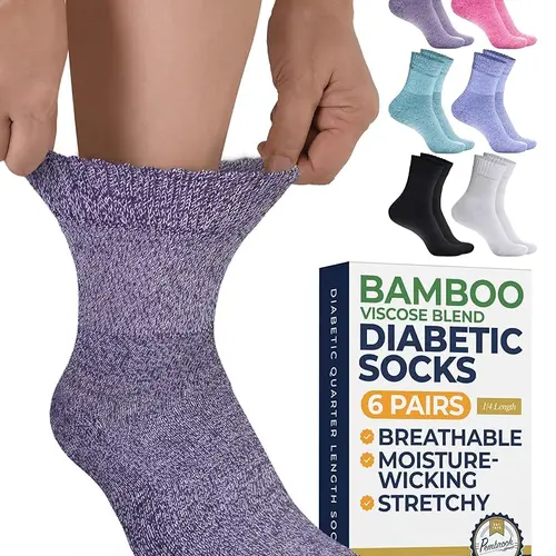 Pembrook Bamboo Viscose Ankle Socks - 6 Pairs, Diabetic Socks for Women and Men, Non Binding, Wide Calf, Seamless Toe, Breathable, Moisture Wicking, Soft, Stretch Tops, Foot Pain Relief, Durable for Daily Wear