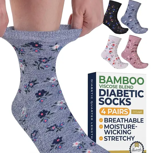 Pembrook Women's Diabetic Bamboo Viscose Assorted Mixed Ankle Socks - 4 Pairs, Non-Binding Stretchy Tops, Smooth Toes, Neuropathy Relief, Irritation-Free All-Season Day Wear, Large Fit for Good Blood Flow