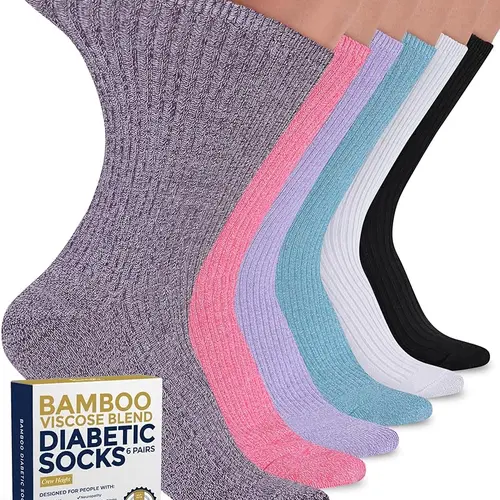 Pembrook Women's Bamboo Blend Calf High Diabetic Crew Socks, 6 Pairs Ribbed Knit Soft Breathable Non-Binding Hosiery, Size 9-11, Leg Care, Foot Pain Relief, Fit, Cozy Feet