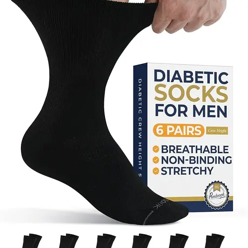 Pembrook Men's Calf High Diabetic Crew Socks (6 Pairs, Size 10-13, Black) - Bamboo Viscose, Stylish, Breathable Soft Fabric, Non-Binding Extra Stretch, Fade Resistant, Keeps Shape Daily Wear, Machine Wash, Neuropathy Support, Edema Foot Pain Relief