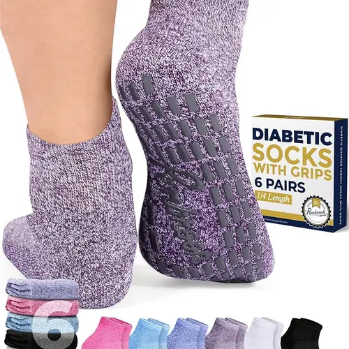 Pembrook Men's Large 6-Pair Diabetic Anti-Chafe Ankle Socks (2 Black/2 White/2 Gray) - Menswear Polyester Socks, Loose Fit, Smooth, Rubberized Grip Steadies Every Step, Grip for Safety, Mesh Tops, Breathable, Machine Washable