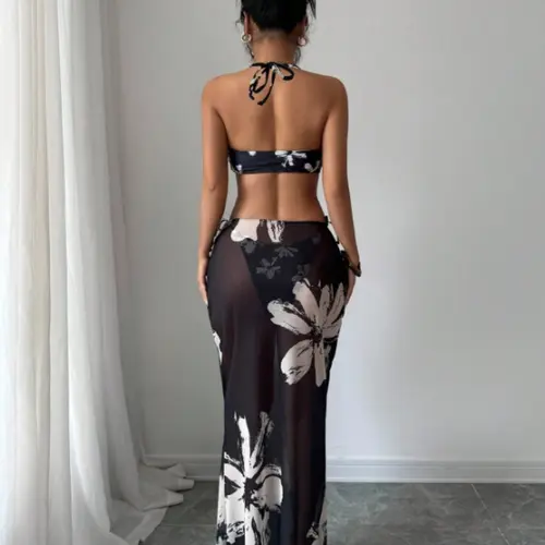 New 3-Piece Women's Summer Vacation Set, Printed Strapless Neck Top with Triangle Bikini Bottoms and Long Skirt, Beach Pool Party Swimwear, Fashion Beachwear Swimwear, Floral Print Bikini