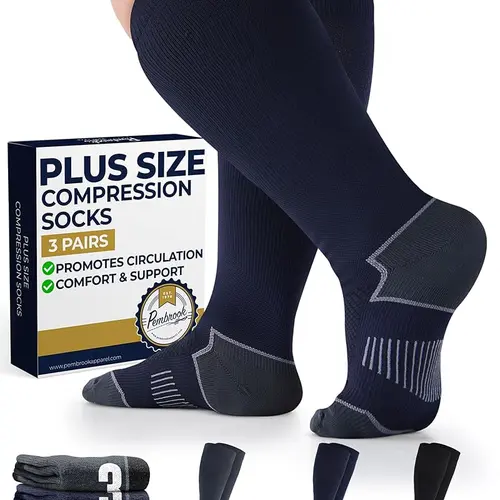 Pembrook Plus Size (2XL) Compression Sports Socks (3 Pairs), 20-30mmHg Knee-High Wide Calf Stretchy Spandex Socks for Tired Legs Relief, Gym & Working Support